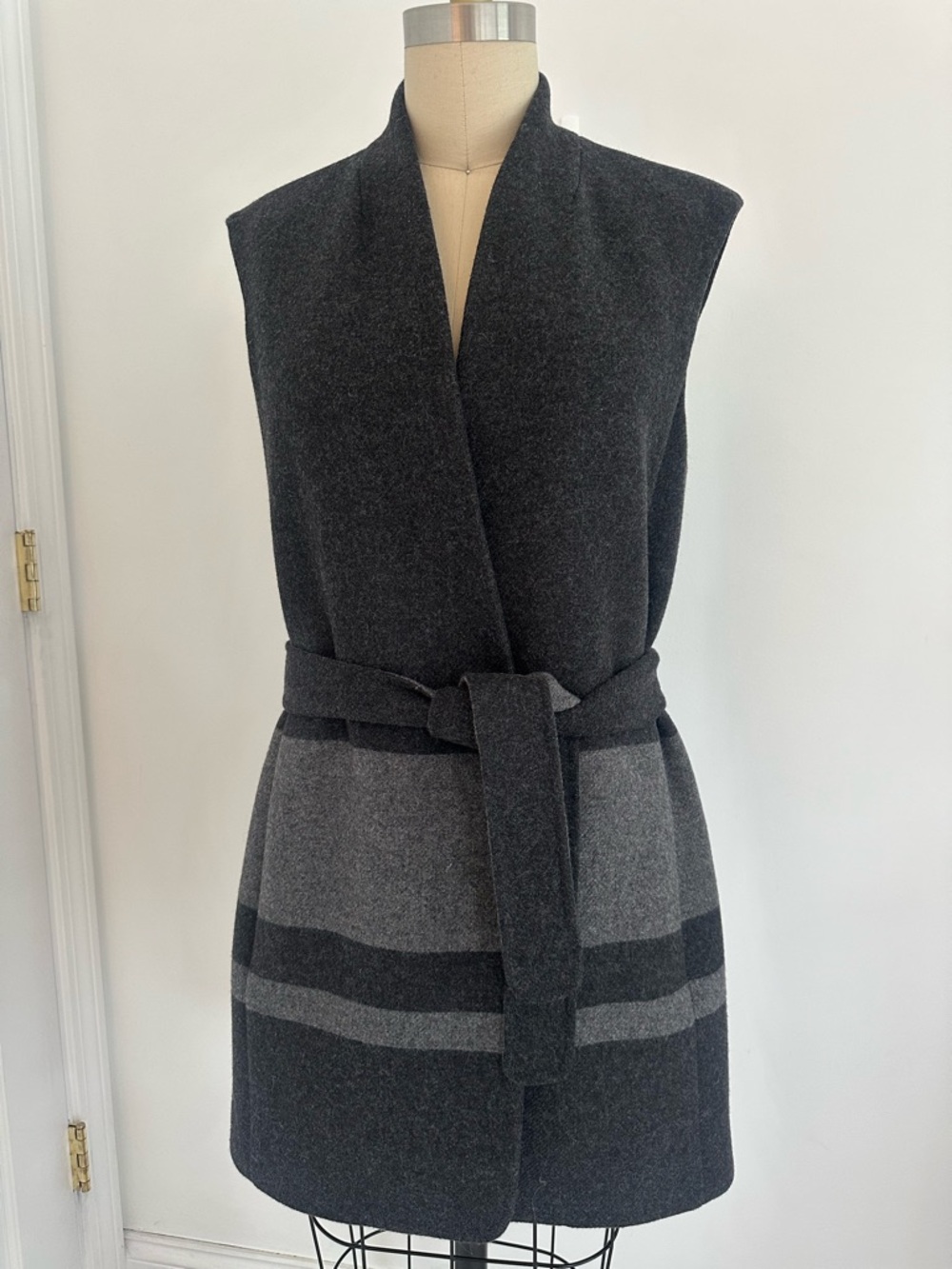 Vince Charcoal and Light Gray Sleeveless Wrap Vest with Belt
